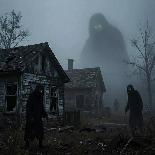 Mysterious, ghostly figure with glowing eyes looms over two dilapidated, wooden houses in a foggy, eerie, abandoned yard at night