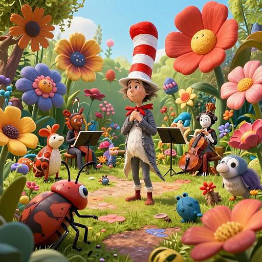Whimsical CGI scene of a child in a striped hat, surrounded by colorful, giant flowers, playing instruments with animated insects and characters in a vibrant