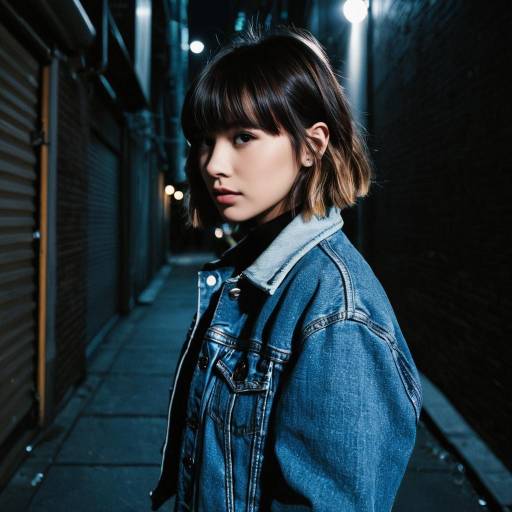 Woman with Side Swept Bangs in Denim Jacket at Night