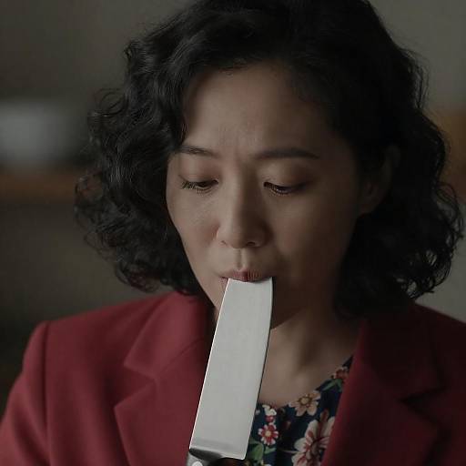 Intense Close-Up of Asian Woman with Knife