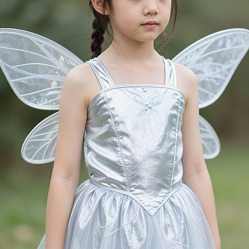 Photograph of an Asian girl with braided hair, wearing a shiny silver fairy dress and transparent wings, standing outdoors.