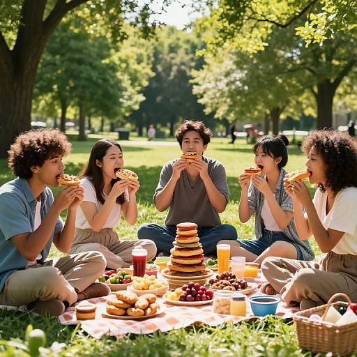 Photograph of four young adults with curly hair, sitting on a blanket in a sunlit park, eating pancakes and desserts, surrounded by trees and a