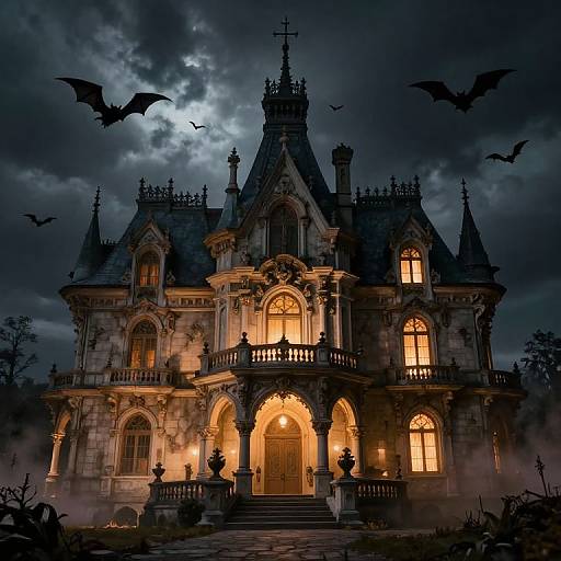 Photograph-style digital art of a gothic, illuminated mansion with eerie, glowing windows, surrounded by dark clouds and flying bats at night.