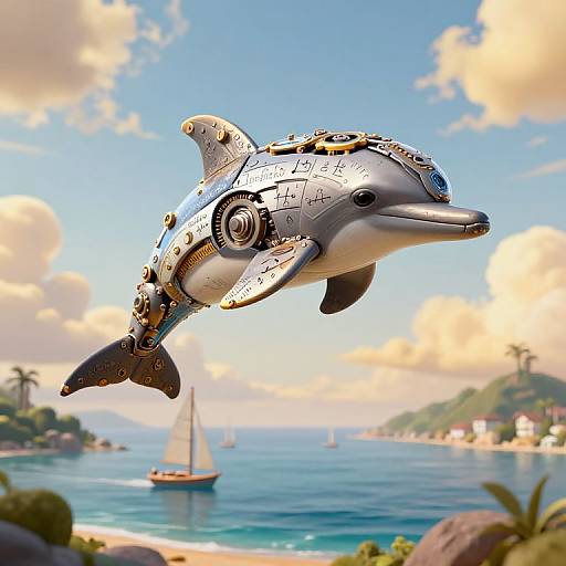 Photorealistic digital art of a futuristic dolphin with mechanical parts, flying over a sunny, tropical beach with sailboats and palm trees.