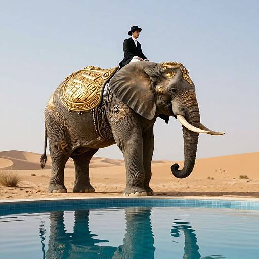 Photograph of an ornately decorated elephant with gold patterns, ridden by a man in a black suit, standing by a pool in a desert.