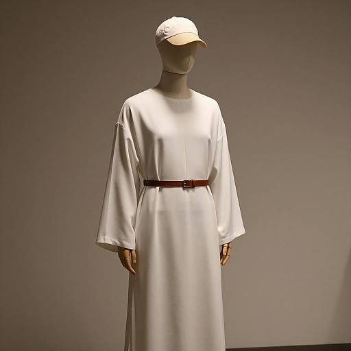 Photograph of a faceless, mannequin-style figure wearing a plain white long-sleeve dress with a brown belt and beige cap, against