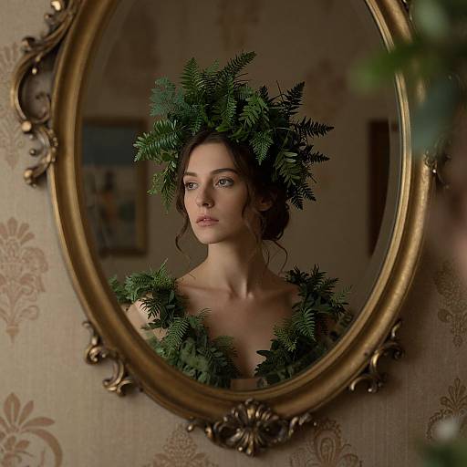 Photograph of a young woman with fair skin and green eyes, wearing a crown of evergreen branches, reflected in an ornate, oval, gold