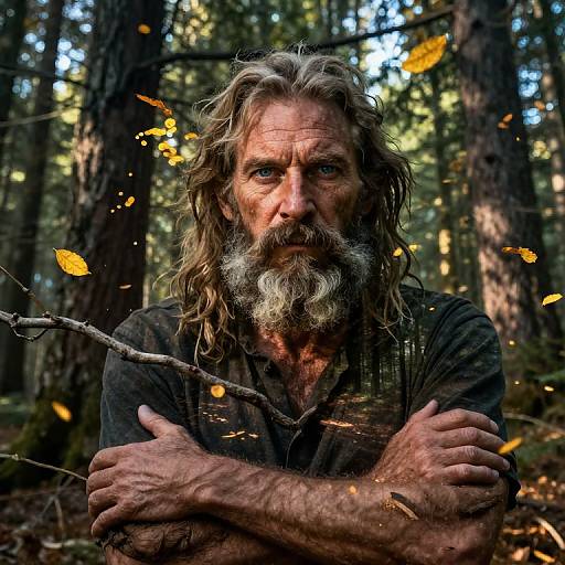 Photograph of a rugged, bearded man with long, disheveled hair, standing in a forest, arms crossed, surrounded by falling orange leaves