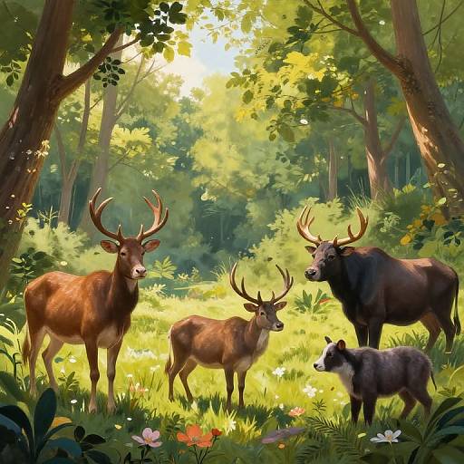 Digital painting of a sunlit forest with three deer and a bear cub. Tall trees, lush greenery, and sunlight filtering through leaves create a vibrant