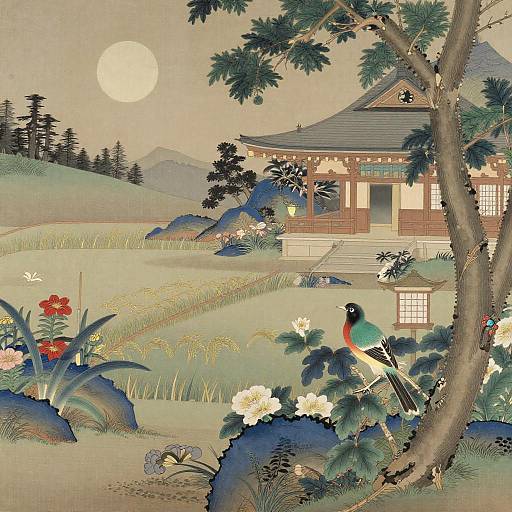 Jewel-Toned Kachō-ga: Moonlit Temple Gardens