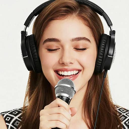 Smiling Young Woman Singing with Headphones