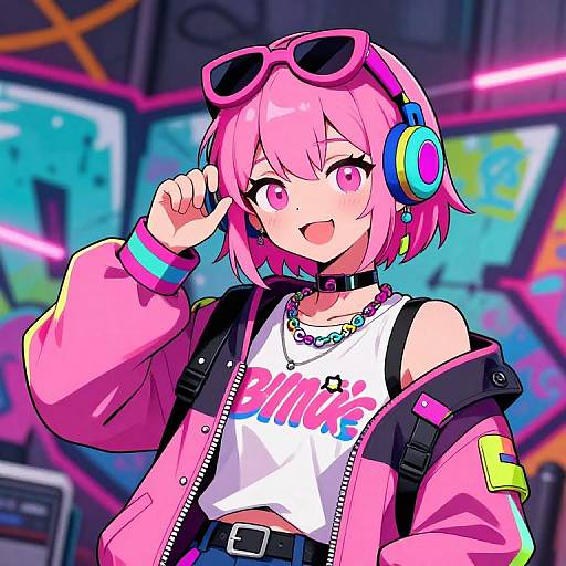 Anime-style digital artwork of a pink-haired girl with vibrant pink eyes, wearing a pink jacket, white 