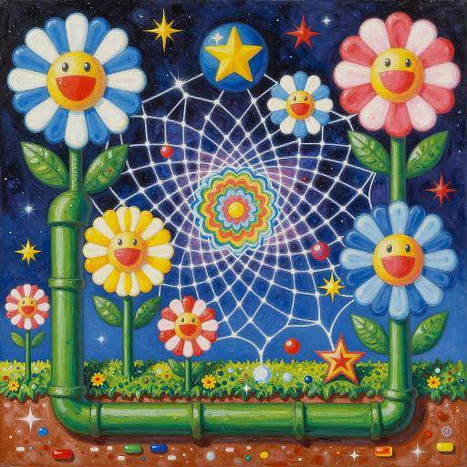 Whimsical digital painting of colorful flowers with smiling faces, yellow and red stars, and a spiderweb against a starry night sky, set on
