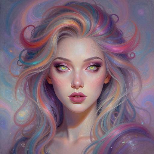 Digital painting of a beautiful, ethereal woman with vibrant, multi-colored hair, glowing yellow eyes, and fair skin, set against a dreamy,