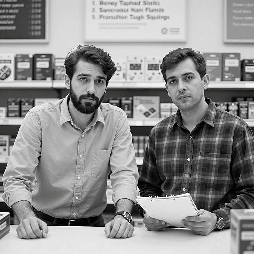 Two men in store with notepad