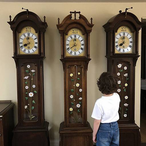 Photograph of a young girl with curly brown hair in a white shirt and blue jeans standing in front of three tall, dark wooden grandfather clocks with floral