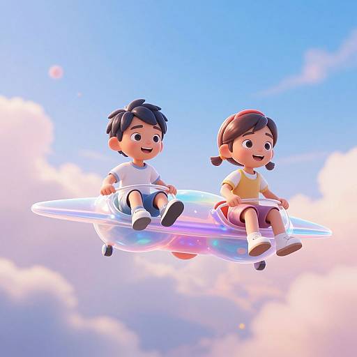 Digital illustration of two cute, cartoon children with dark hair, wearing white and yellow shirts, sitting on a glowing, transparent UFO, flying through a bright