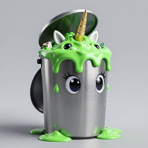 Digital 3D illustration of a silver paint can with a unicorn horn, large expressive eyes, and neon green slime dripping over it, with the lid