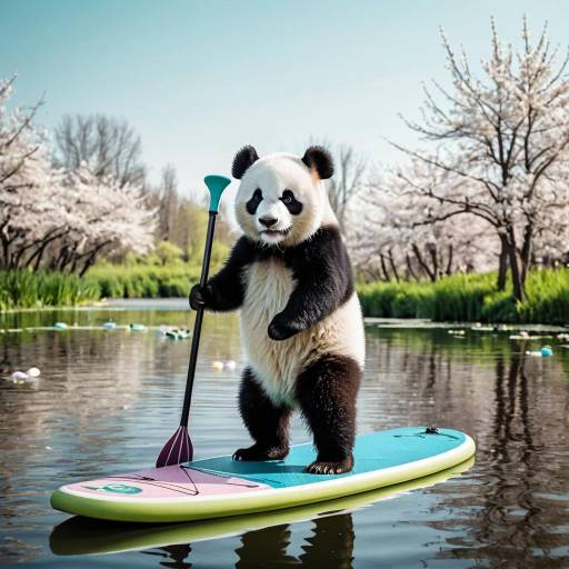 Baby Panda Paddleboarding on Spring Pond