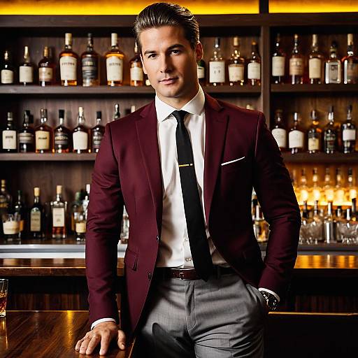 Stylish man in maroon suit at bar