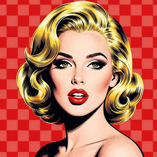 Pop art-style digital illustration of a blonde woman with curled hair, red lipstick, and bold black eyeliner, against a red checkered background.
