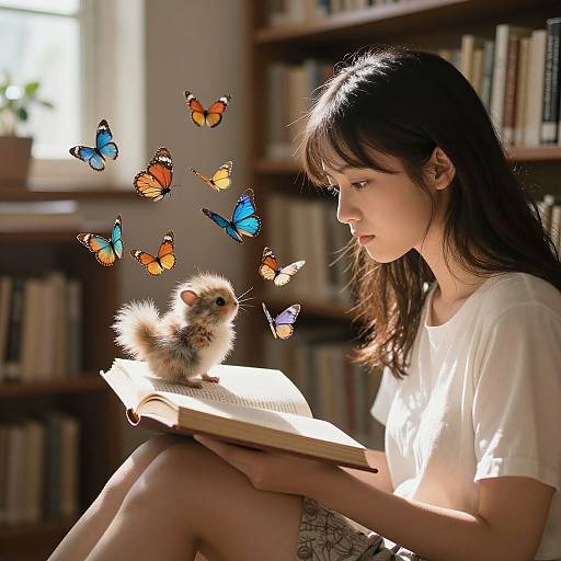 Photograph of a young woman with long brown hair, white t-shirt, and patterned shorts, reading a book in a sunlit library, surrounded