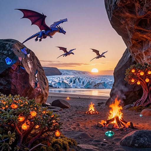 Magical Sunrise with Flying Dragons