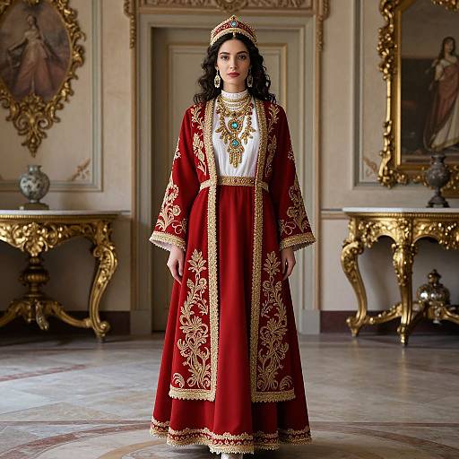 Photograph of a dark-haired woman in an ornate, red and gold embroidered traditional dress and headpiece, standing in an opulent, gold-ac
