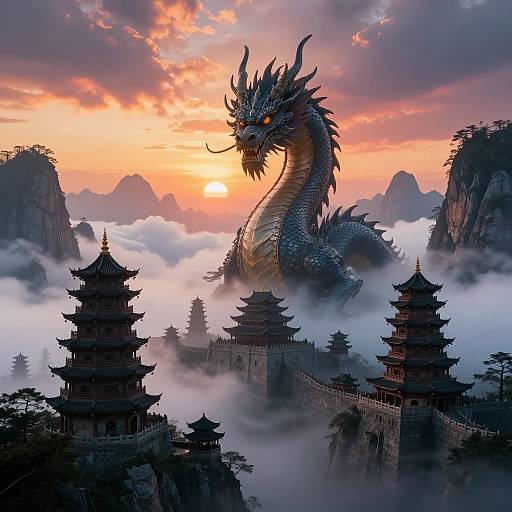 Digital artwork of a majestic, blue-scaled dragon emerging from misty, mountainous landscape at sunset, with traditional Chinese pagodas in foreground.