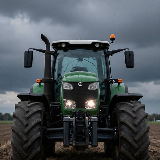 Green Tractor with Bright Headlights Under Dark Sky