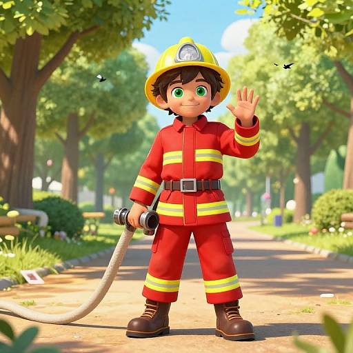 CGI image of a cute, green-eyed, brown-haired child firefighter with yellow helmet, waving, holding a hose, standing on a sunny park path