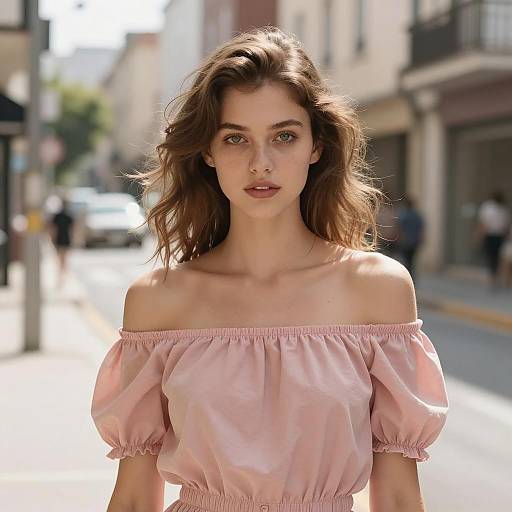 Young Woman in Pink Off-Shoulder Blouse