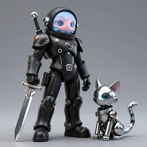 CGI image of a cute, armored astronaut with a glowing blue helmet and a robotic silver cat, standing with a large sword.