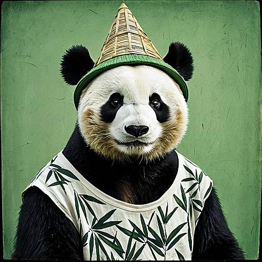 Giant Panda in Bamboo Print Shirt and Green Pixie Hat