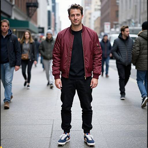 Photograph of a bearded man in a maroon bomber jacket, black shirt, black pants, and white sneakers, standing in a bustling urban street