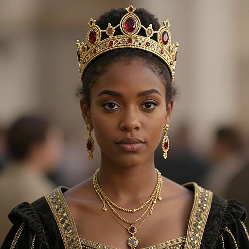 Photograph of a regal Black woman with dark skin, wearing a gold and red jeweled crown, matching earrings, necklace, and black gown with
