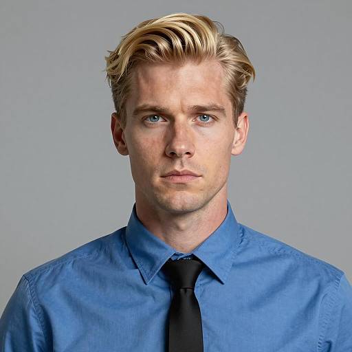 Serious Blonde Man in Blue Shirt and Black Tie