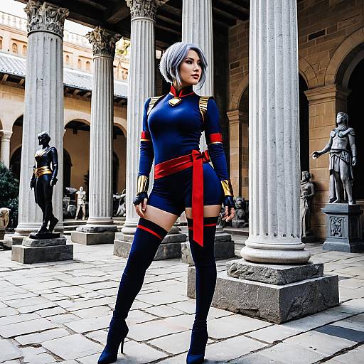Cosplay Woman in Navy Blue Bodysuit with Silver Hair