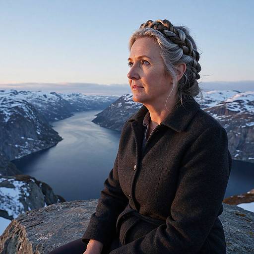 Photograph of a blonde woman with braided hair, wearing a dark wool coat, gazing at a snowy fjord landscape at sunset.