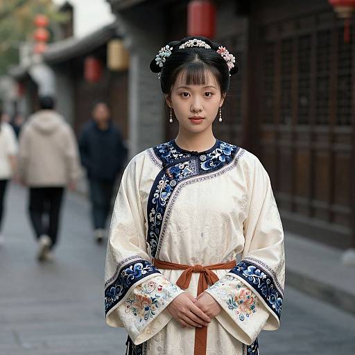 Photograph of an Asian woman with black hair in floral headpiece, wearing a white traditional Chinese dress with blue floral embroidery, standing on a historic street