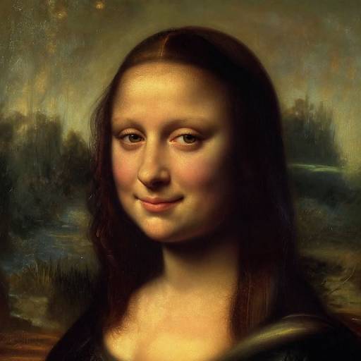 Digital art mashup of Mona Lisa's face with a young woman's smile, long brown hair, and Renaissance-style background. Blends classical and modern