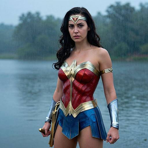 Photograph of a muscular, dark-haired woman in Wonder Woman costume standing in rain by a lake, wearing red corset, blue skirt, silver bracelets