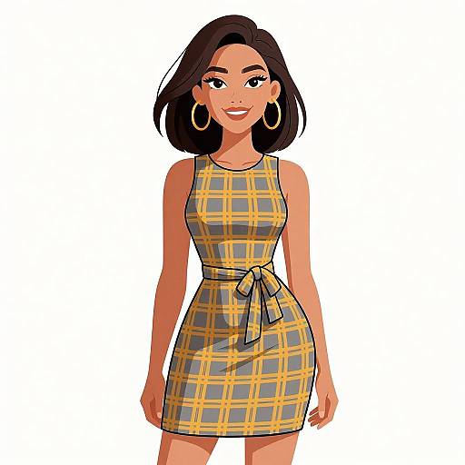 Digital illustration of a smiling woman with dark hair, wearing a yellow and gray plaid dress with a tied waist, large hoop earrings, and standing against