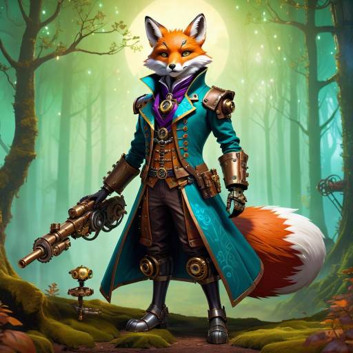Steampunk Mechanical Fox Guardian in Forest