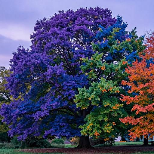 Photograph of four trees with vibrant, colorful leaves in shades of purple, blue, green, and orange, set against a cloudy sky.