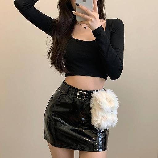 Chic Mirror Selfie with Vinyl Skirt