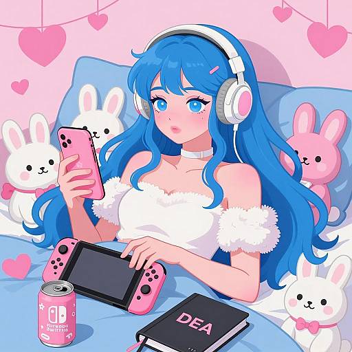 Anime Girl with Blue Hair on Bed with Gaming Gear