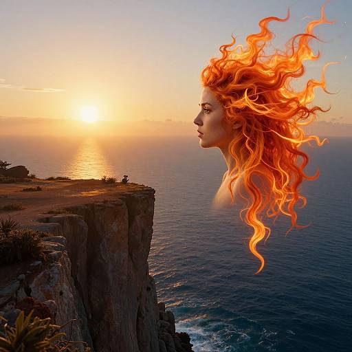 Digital artwork of a fiery-haired woman in profile floating beside a coastal cliff at sunset, with ocean waves below.