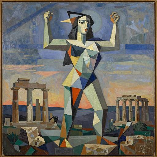 Cubist-style painting of a geometric, statuesque woman with raised arms, surrounded by ancient ruins under a colorful, sunset sky.