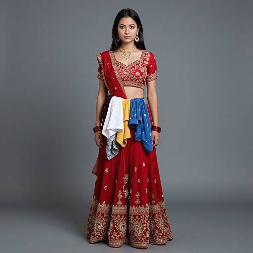 Photograph of an Indian woman in a red, gold-embroidered traditional saree with a colorful saree pallu (yellow, white,